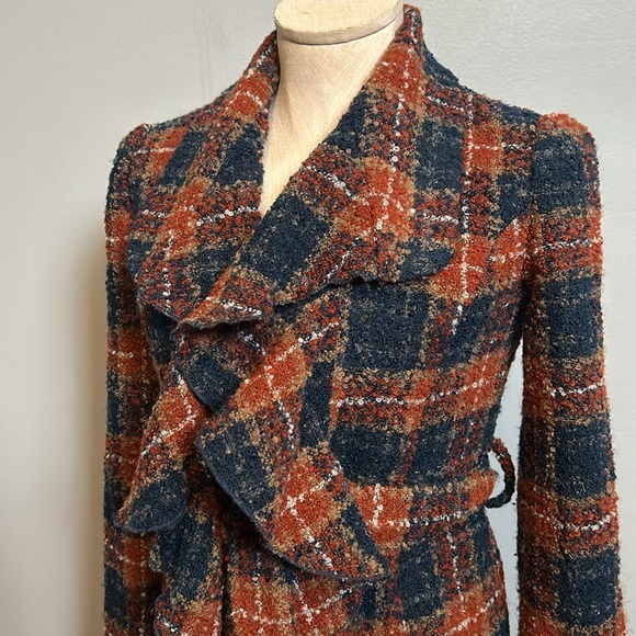 Anthropologie Tabitha Blue Waist Tie Tweed Ruffle Collar Plaid Wool Blazer Sze 0 - Picture 16 of 16
